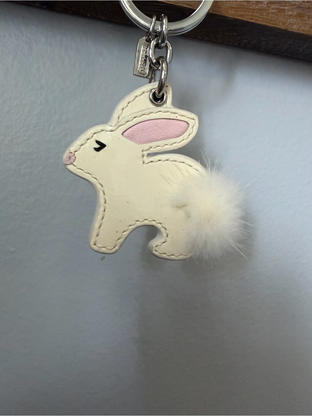 Vintage COACH White Leather Bunny Rabbit Keychain Bag Charm Real Mink Fur Tail